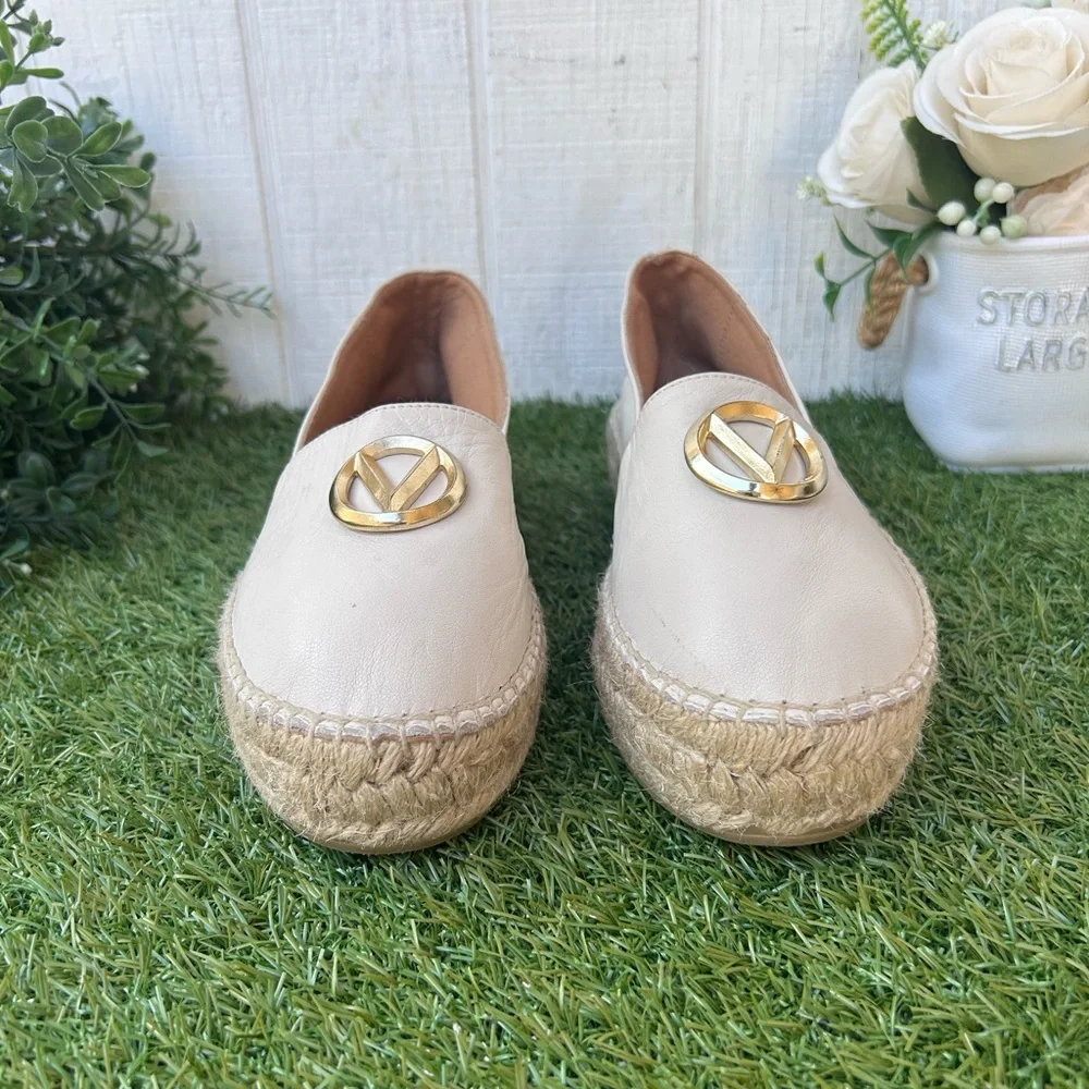 VALENTINO Jessica Espadrille Loafer Leather  Slip-Ons with Gold Emblem Cream 7